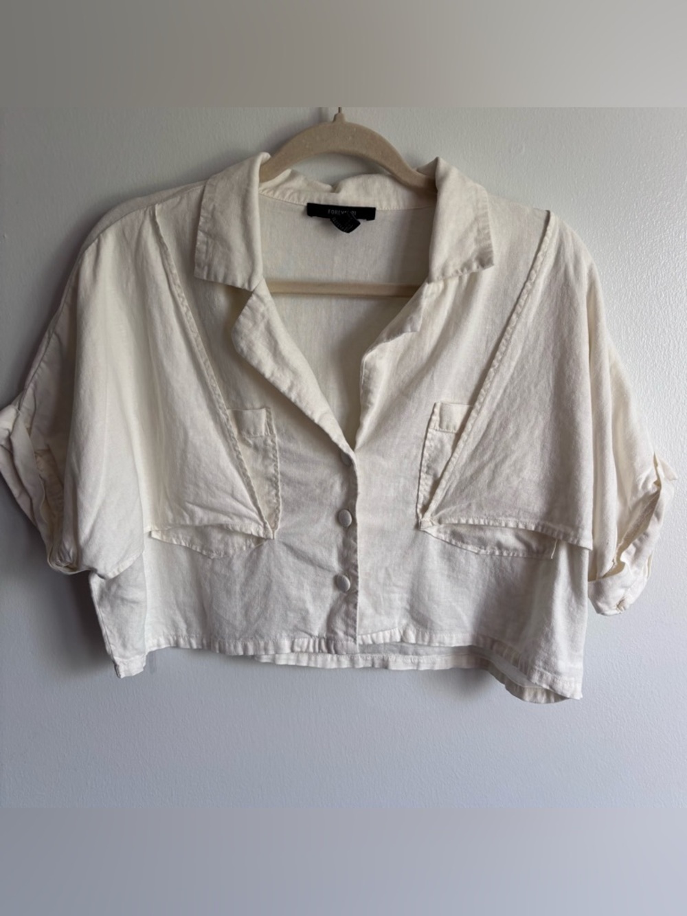 Forever 21 Off-White Cropped Linen Button-Front Shirt Jacket Large